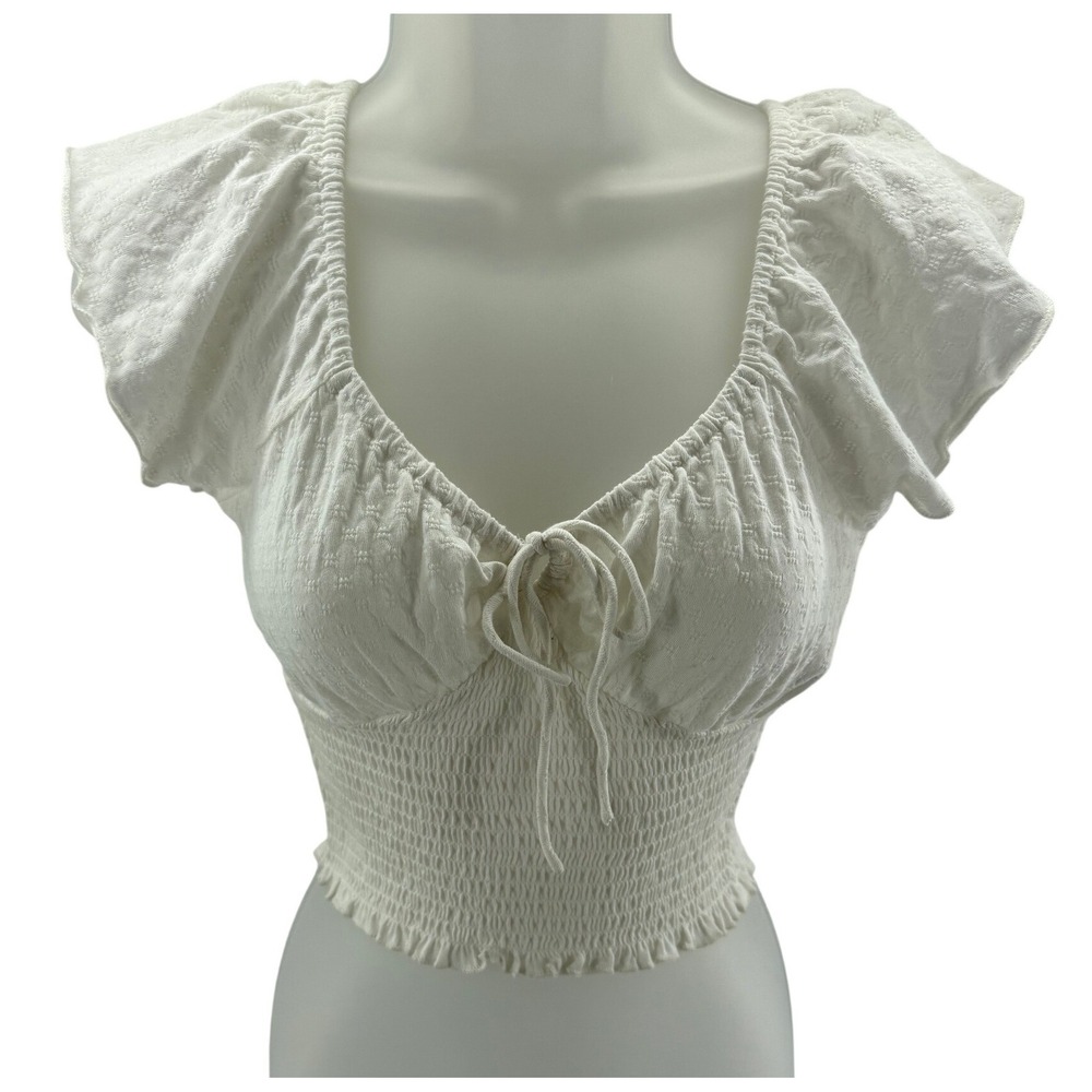 Billabong White Smocked Crop Top Flutter Sleeve Cotton Boho Small NEW